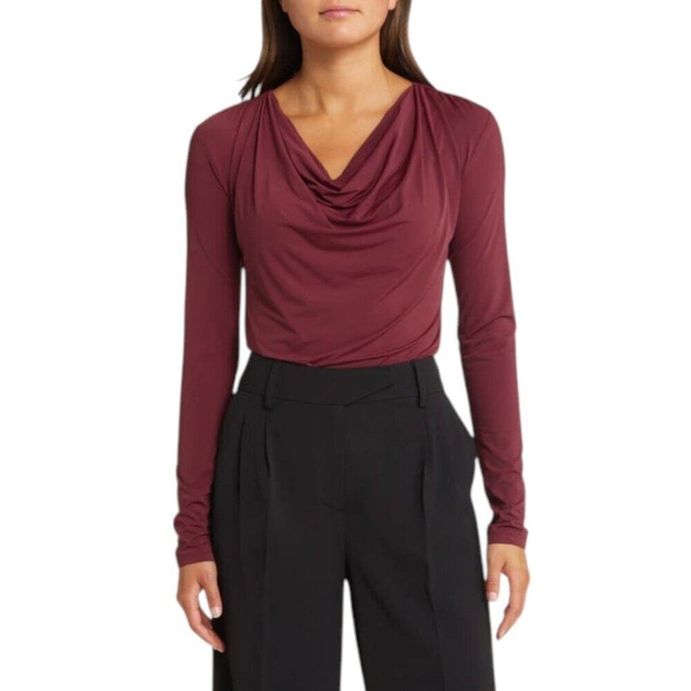Open Edit Cowl Neck Long Sleeve Crop Top Burgundy Size Small NWOT $49 MSRP